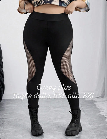 Leggings sportivi casual neri in maglia con inserti per taglie comode/grandi, leggings in maglia per taglie forti